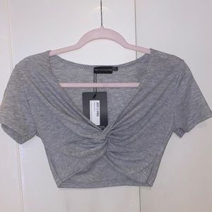 Prettylittlething Grey Rib Short Sleeve Crop Top